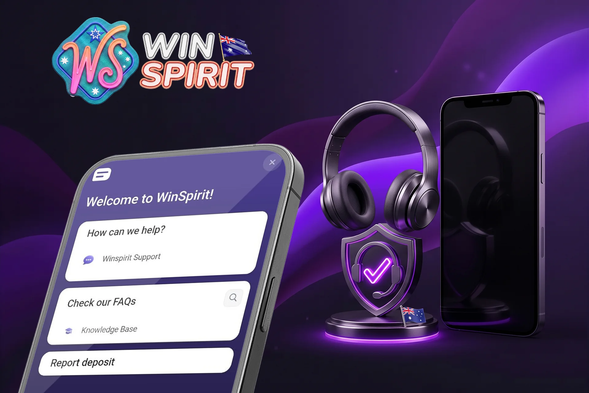 Dedicated customer support and responsible gambling tools at WinSpirit Casino, featuring a mobile chat interface alongside a headset and a security shield with the Australian flag