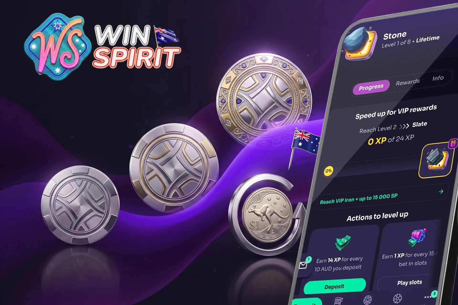 Exclusive VIP club and cashback rewards at WinSpirit Casino, featuring a mobile progress screen and elegant silver and gold loyalty coins